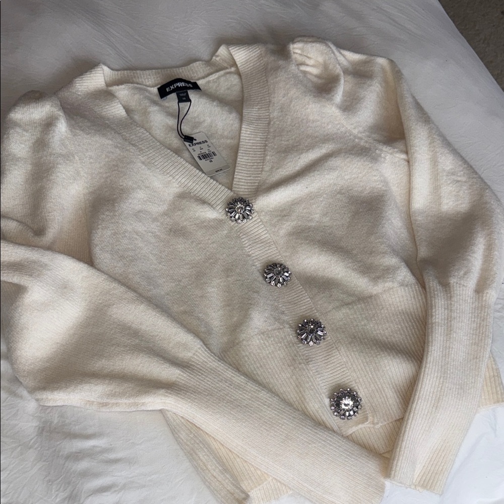 Express Cream V-Neck Cardigan with Jewel Buttons